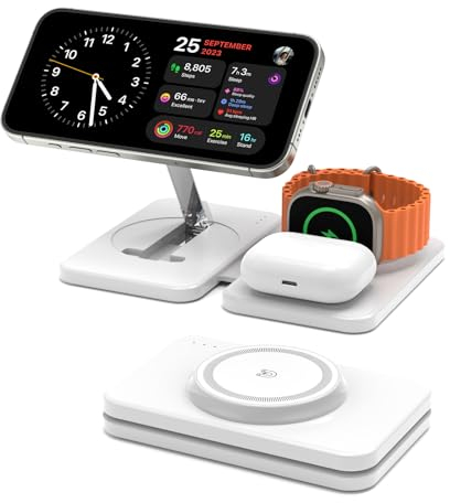 GEEKERA Ladegerät mit Magsafe, 3 in 1 Ladestation für Apple Watch und iPhone Air/17/16/15/14/13/12/Pro Max, Induktive Ladegerät für iWatch 2-Ultra3, Faltbare Charger Stand für AirPods 2-Pro3, Weiß