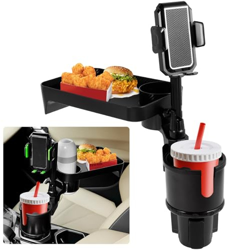 Car Cup Holder Expander 3-in-1 Cup Holder Adapter with Phone Holder Detachable Car Food Tray 360 Degree Adjustable Car Trays Eating Tray Table Portable Car Interior Organizer (Black+Gray, Large)