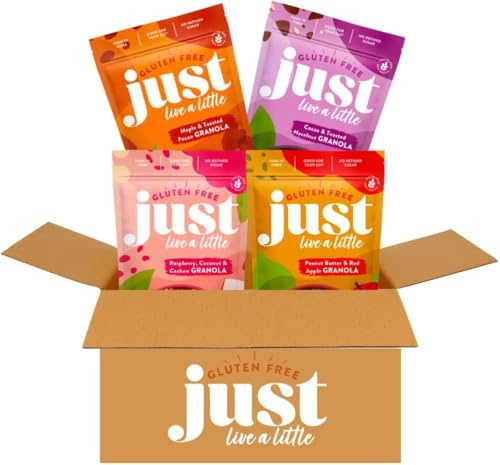 Just Live a Little Gluten Free Granola | 4 x 360g packs | Vegan Granola No Added Sugar (A Mixed Taster Pack)