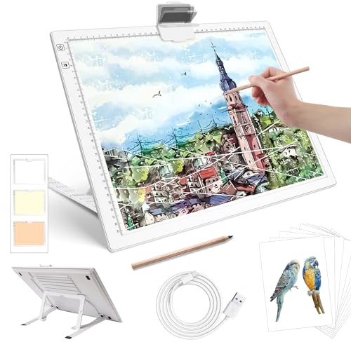 Zocelight Tablero de luz de diamante A3 recargable, almohadilla de luz con soporte y clip, 3 colores regulables continuos y 6 niveles de brillo caja de luz para trazar, pintura de diamantes, dibujo,