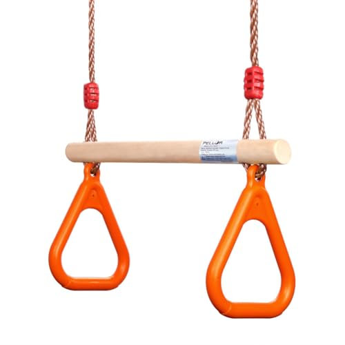 PELLOR Altalena Trapezio in Legno Multifunzionale per Bambini con Anelli da Ginnastica in Plastica per Appendere Portata Fino a 160 kg (Arancione)