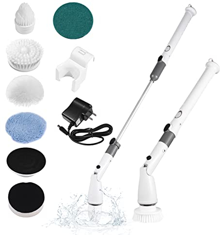 Jemora 7 IN 1 Electric Spin Scrubber Cordless Handheld Cleaning Brush with Adjustable Extension Handle 6 Brush Heads 1200mAH Battery for Kitchen Bathroom Wall Window Floor