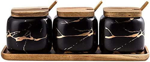 LWLYLCHBM Ensemble salière et sucrier en bois noir avec 3 bols à sucre en marbre avec couvercles et cuillères de service Capacité env. 340 ml