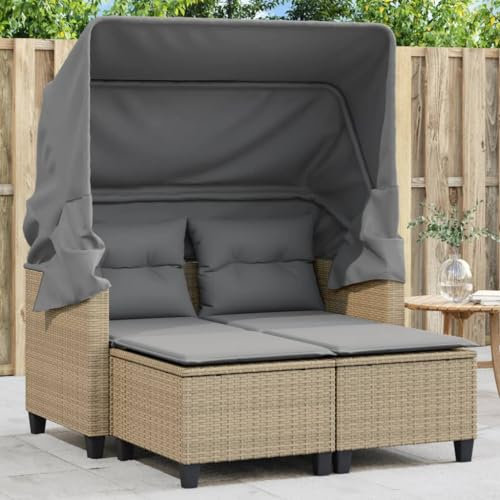 Gecheer Gartensofa mit Dach, Hockern, 2 Sitzer, Gartenlounge, Sonnenliege, Gartenliege, Gartenmöbel, Terrassenmöbel, Beige Poly Rattan
