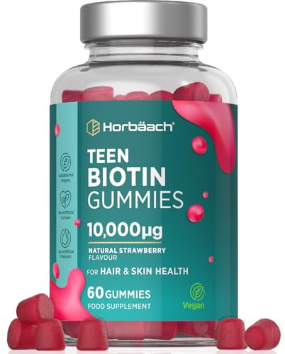 Biotin Hair Growth Gummies for Teens 10000mcg | 60 Count | Hair and Skin Supplement for Teenagers | Strawberry Flavour Tablet Alternative | Vegetarian and Vegan | by Horbaach