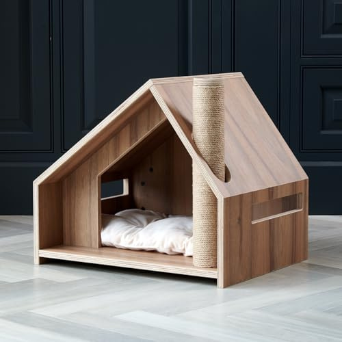 Casa de madera para gatos de interior con poste rascador, cama para gatos y escondite, moderna cueva para gatitos y centro de juegos para gatos, centro de actividades para gatitos.
