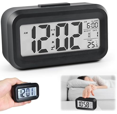 Digital Alarm Clock, Digital Clock Battery Operated, Bedside Clock LED Display with Temperature Snooze Calendar Small Alarm Clock, Portable Travel Clock Battery Digital Clock for Home Office Travel