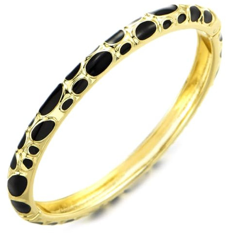 COOLSTEELANDBEYOND Klassischer Goldton Armreif Armband, Schwarz Emaille Polka Punkte Muster, Glatt Scharnierverschluss Design, für Damen