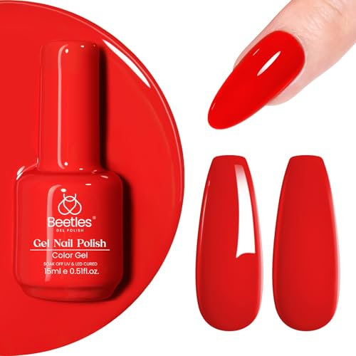 beetles Gel Polish, 1 Pcs 15ml Scarlet Red Colour All Season Neutral Soak Off UV LED Gel Polish Nail Art Design Manicure Salon DIY Home Spring Summer Gift for Women Girls