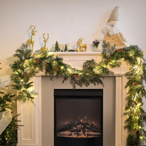 8.8FT Pre-lit Pine Christmas Garland with Pine Cones, Lighted Cedar Garland Artificial Pine Cypress Vines for Xmas Table Mantle Room Indoor Background Wall Decoration