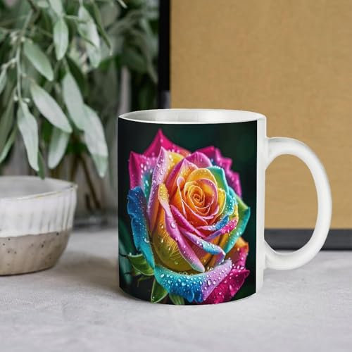 GHBNK Große Porzellantasse mit Griff, Keramik-Kaffeetasse, personalisierte Tasse, Kaffeetasse, bunte Rose mit Wasser, Teetasse, lustige Tasse für Büro und Zuhause