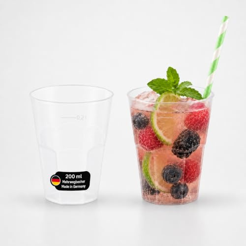 DeinPack 25 Mehrweg Cocktailbecher 200ml Made in Germany mit Eichstrich | 25 Stück, Made in Germany, wiederverwendbar, mit Eichstrich, bruchsicher