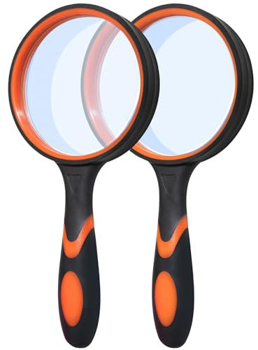 Wapodeai 10X Magnifying Glass for Seniors & Kids, 2 Pack Non-Slip Handheld Magnifier Glasses with 75mm Lens, for Reading Book, Hobbies, Scientific Observation, Orange