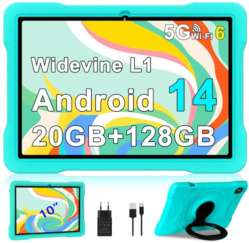 Tablette Enfants 10 Pouces Android 15 avec 30Go RAM+TF 2To, Octa-Core/GMS,Gemini AI/Widevine L1,5G WiFi,Bluetooth 5.0,5MP+8MP,1280*800,Tablette Tactile avec EVA Cas antichute+360° Rotatif Support-Vert