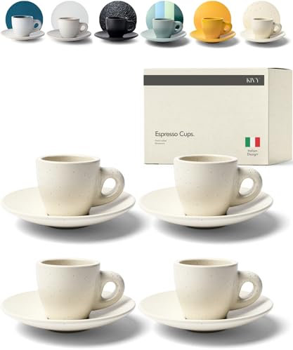 KIVY Set di 4 tazze da espresso da 75 ml con piattini - Tazze da espresso italiane in gres porcellanato spesso - Beige