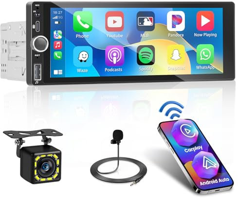 Fuluku 6.9 Zoll Drahtloses Carplay 1 Din Autoradio mit Android Auto, HD 1080P Touchscreen 1 Din Radio Bluetooth 5.0 FM SWC EQ Mirror Link Rückfahrkamera MIC, AUX/TF/USB Type-C Port