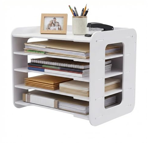 5 Stufiger Briefablage Organizer, A4 Papier Ablagefächer, Büro Aktenablage, Schreibtisch Datei Tidy Organizer mit stapelbarer Ablage Schreibtisch Papier Organizer für Zuhause, Büro, Schule, Weiß