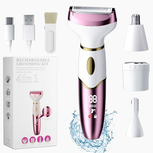 PKBD 4-in-1 Elektrischer Epilierer Damen, Intimrasierer für Frauen, Rasierer Damen für Körper, Beine, Schamhaar und Gesicht, IPX7 Wasserdicht und Wiederaufladbar, Tragbar, Nass und Trocken, Pink