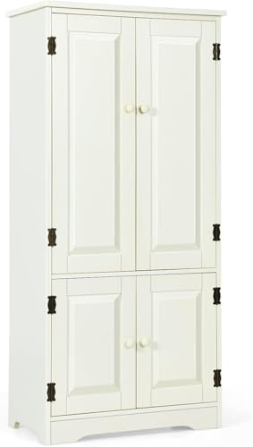 FANTASK Mehrzweckschrank Vintage, Flurschrank mit verstellbarem Regal, Badschrank Wäscheschrank Holz, Weiß