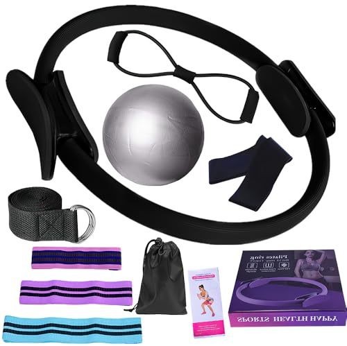 KBIBCK Pilates Essentials Kit, Kit Pilates Completo, Fitness Ring per Esercizi Interni della, Set da Pilates Cerchio Pilates con Palla Yoga (Nero)