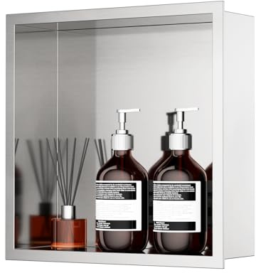 KINKIBOS Wall Niche 304 Stainless Steel, No Tiles Required, Embedded Shower Niche 30 x 30 x 10 cm, Shower Niche Single Shelf Storage, Brushed