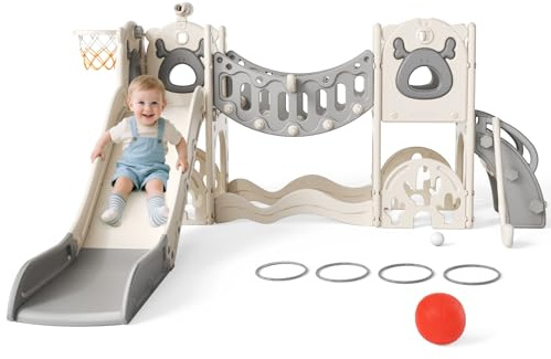 Kids Slide,Thickened Widened Toddler Slide,170cm extra-long slideway, Freestanding with Basketball Hoop,Toddler Climber,Baby Slide Playground Equipment, Kids Slides Outdoor (Beige Gray-7)