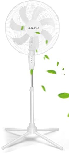 Aigostar Erika - Ventilatore a piantana, 7 pale, diametro di 41 cm, 55W, ventilatore silenzioso con oscillazione di 70°, 3 velocità, altezza regolabile da 108-130 cm, bianco