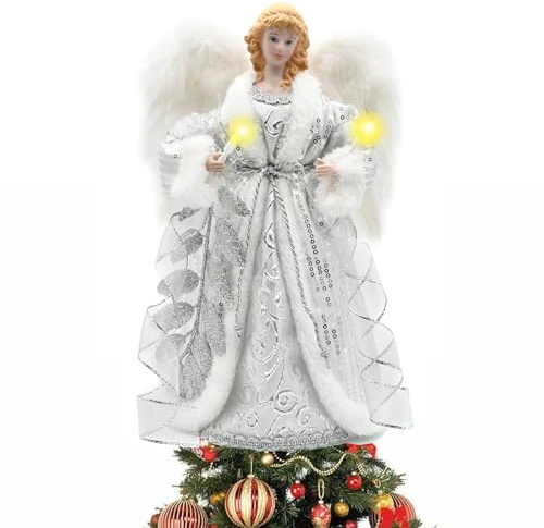 Ángel para árbol de Navidad, 32 cm, punta de árbol de Navidad con luz LED, decoración para árbol de Navidad, punta de ángel con luces, pilas no incluidas (plata)