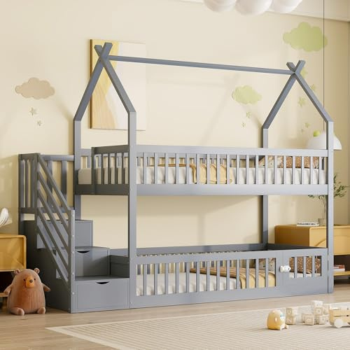 Litera 90x200cm con Escalera de almacenaje Cama de casa con Techo Camas Alta con protección contra caídas Bed de pie con somier de Madera beds Doble Ahorro de Espacio Invitados sin colchón Gris