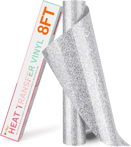 HTVRONT Plotterfolie Textil 25,4cm x 244cm, Glitzer Silber | HTV Wärmeübertragungsfolie, Zum Aufbügeln, Für T-Shirts & Stoffe, Einfaches Schneiden, Für alle Plotter