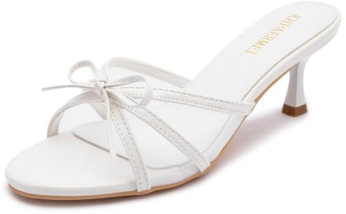 KHPAERMEI White Kitten Heels for Women Round Toe Bow Mesh Heels Vintage Sexy Slip on Mules Stiletto Party Wedding Dress Sandals Size 8