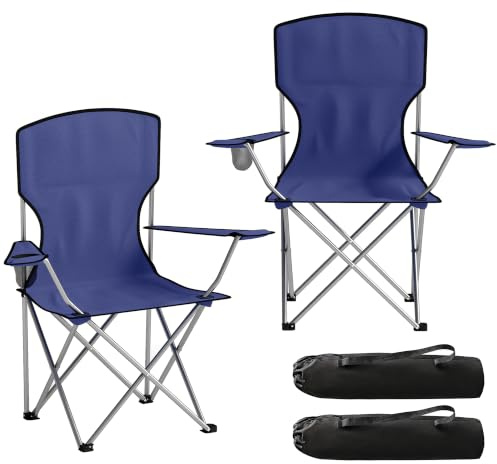 Outsunny Set of 2 Camping Chair for Adults Portable Carry Bag, Dark Blue | Folding Camping Chair, Cup Holders, 120 kg Capacity, Garden, Fishing, Sports, Fold up
