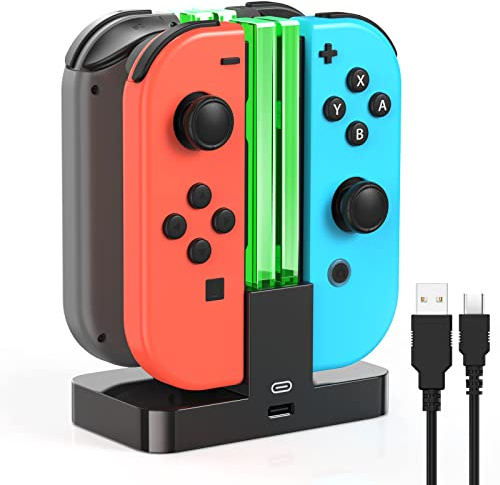 Switch Controller Ladestation für Nintendo Switch/OLED Joy Con, Schwarz | (Nicht für Switch 2) FYOUNG Switch Quad Ladestation mit LED-Lichtleiste & 1m USB-C-Kabel