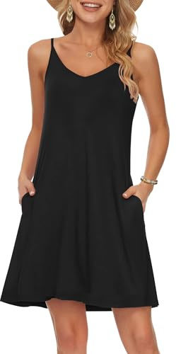 MISFAY Women's Summer Spaghetti Strap Casual Swing Tank Beach Cover Up Dress with Pockets (Black,2XL)