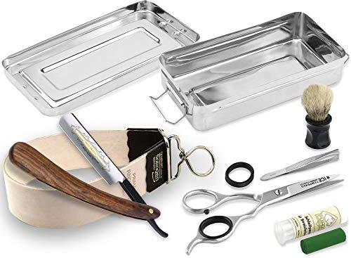 Solingen Streichriemen im Rasiermesser-Set 7 Teilig mit Solinger Paste und InstrumenteNRW Holzgriff Rasiermesser Rasierpinsel mit Rasier Box. Ideal als Geschenk für Herren