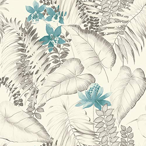 Papier peint feuille 372792 | Papier peint noir et blanc, bleu | Papier peint salle de bain & chambre | Papier peint botanique effet aquarelle