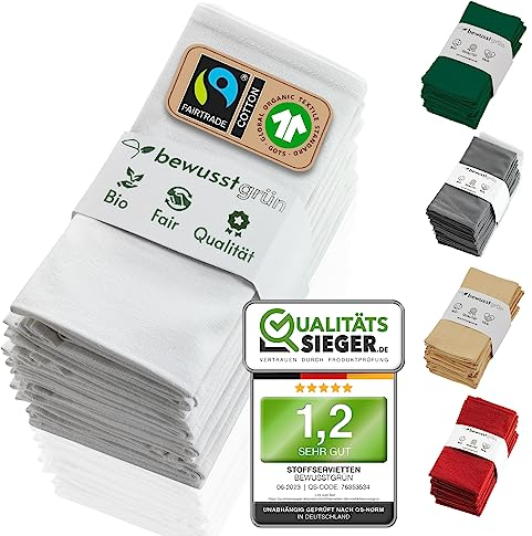 BewusstGrün® 12 Faire & Nachhaltige Stoffservietten + Faltanleitungen I 100% Bio-Baumwolle I 45x45 cm Weiß