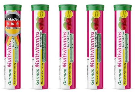 T&D German Multvitamin for Children 8 Vitamins - 100 Vegan Drink Effervescent Tablets - Raspberry Flavor - Made in Germany