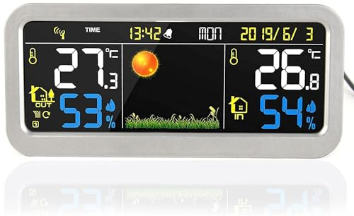 FISHTEC Station Météo Sans Fil avec Température Intérieur et Exterieur - RadioPilotée -Grand Ecran LCD 17.5 x 8.1 CM Alimentation USB ou Piles 7 Langues Fonction Réveil Horloge Argent