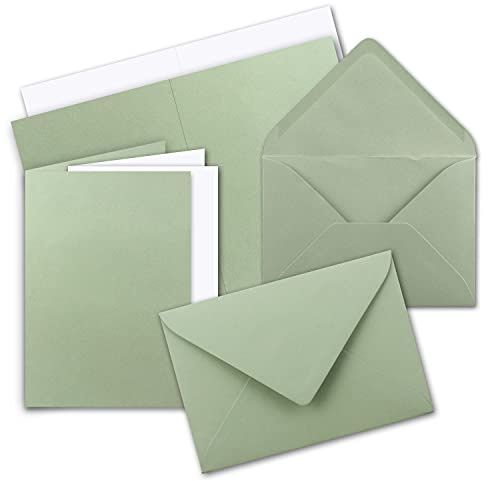 25x Faltkarten Set DIN A5 in Eukalyptus Grün inkl. Umschlägen DIN C5 und passenden Einlegeblättern in Weiß - blanko Klappkarten 14,8 x 21 cm
