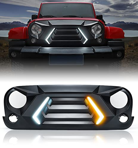 Xprite Front Grill with Turn Signals and Daytime Running Light, Matte Black Grille Compatible with 2007-2018 Jeep Wrangler JK JKU-Patent Design