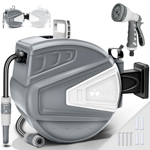 tillvex Carrete para Manguera de agua 15+2m con soporte de pared | Enrollador de manguera con pistola manual y manguera de jardín | Caja de manguera para pared con enrollado automático