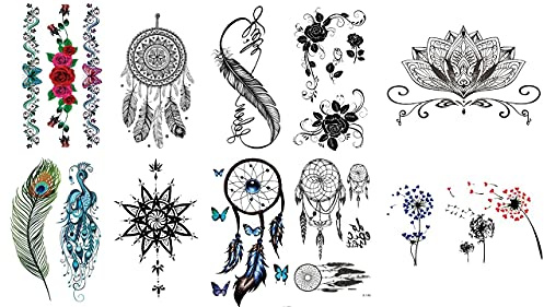 10 Bögen Fake Tattoo Pusteblumen Traumfänger Lotusblumen Rosen Tattoo