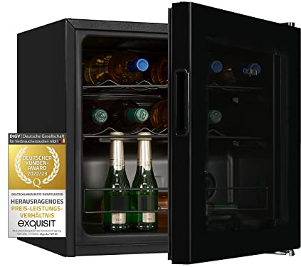 Exquisit® Vinoteca, 12 Botellas, Clase G, Rango de Temperatura de 5ºC a 18ºC, 2 Estantes Metalicos, Tirador Integrado, Altura Regulable, Consumo 130 kWh/año, Medidas 49,2x48x44 Cm.