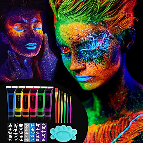 19 Stücke UV Farbe Schminke,6 x 25ml,Fluoreszierende Farben im Schminkset,Körperfarben Set,Schminkfarben Kinder,Schwarzlicht Kinderschminke Set,Glitzer Schminke,Neonfarben Bodypainting