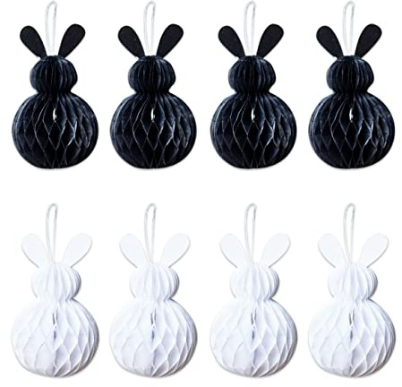 Papierdrachen 8 Osterhasen aus Seidenpapier zum Aufhängen und Dekorieren - Größe 8 x 5 cm inkl Band - ideale Osterdekoration für Sträucher und Äste - wiederverwendbar - weiß, schwarz - Set 5