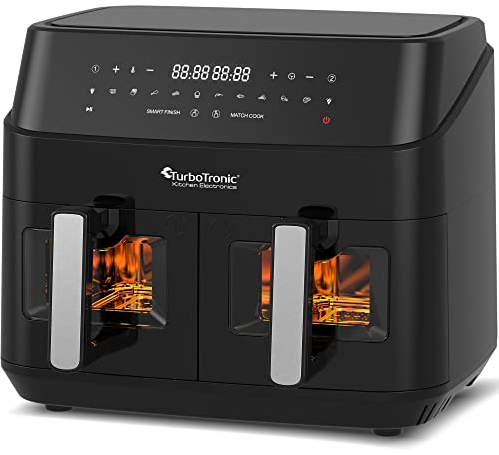 TurboTronic Heißluftfritteuse XXL doppel Airfryer 1600W / 9L (2x 4,5L Kammer) 10 Programme digitale Heißluft Fritteuse ohne Fett Öl Dual Luftfritteuse Air Friteuse Power Black