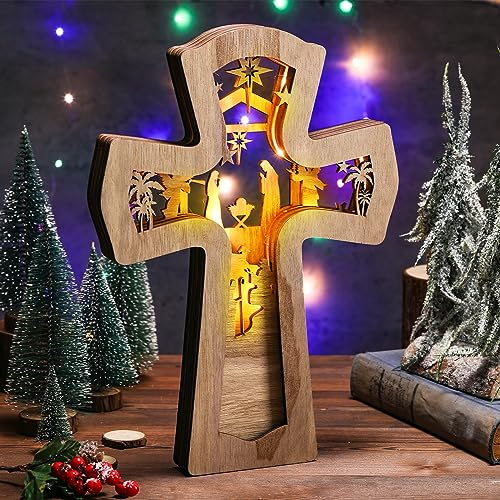 Bucherry Christmas Nativity Scene Ornament Wooden Nativity Set Religious Rustic Christmas Ornament Scene Decorations with LED Light for Shelves Tables Decorations (Cross)