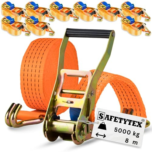 Safetytex Spanngurt 5 t 50 mm 8 m Ratsche Spitzhaken zweiteilig (10 Stück) | 5000 daN, Polyester Zurrgurt, sicherer Transport, Verzurren, Ladungssicherung, hohe Zugkraft, langlebig