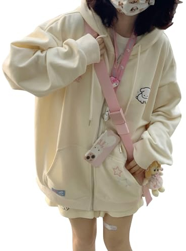 OATSBAS Kawaii Zip Up Hoodie Donna Carino Cartoon Ricamo Oversize Pullover Felpa Harajuku Kawaii Top con Cappuccio, Beige-Spesso, Medium